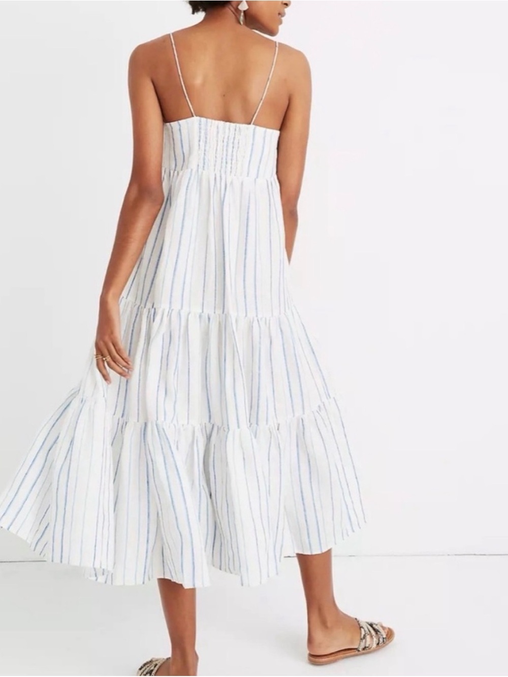 Madewell Striped White & Blue Linen Tiered Sundress - Picture 3 of 11